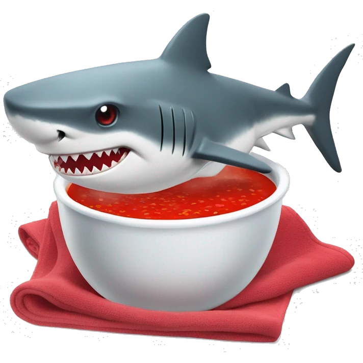 a shark eating red soup with white round pieces floating in it. the shark has a towel on his head and his mouth is watering at the sight of food emoji