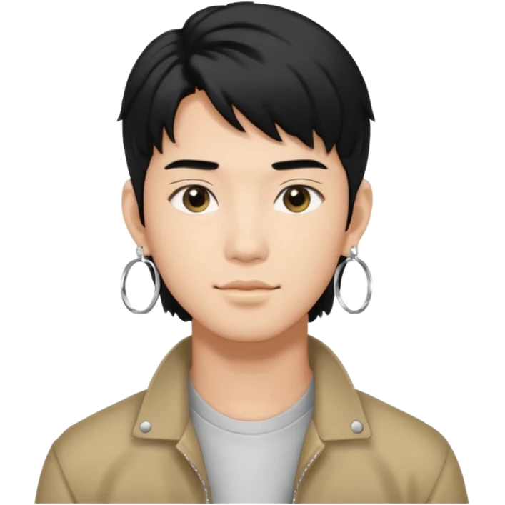 asian male with a black middle part with a kpop mullet and silver hoop earrings emoji