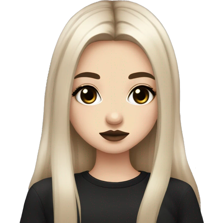 Slavic girl, goth eyes makeup, pink lips, brown eyes, long black-to-blonde ombre straight hair, black T-shirt, chibi. emoji