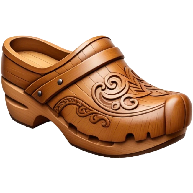 Cinematic Realistic Wooden Clogs Emoji, depicted as a pair of traditionally carved wooden clogs with intricate details and rustic charm. emoji