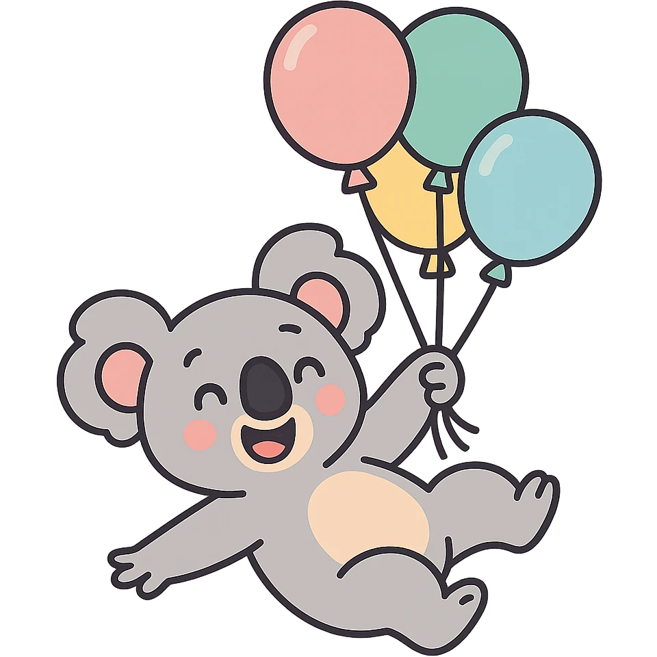 koala floating with pastel balloons, happy face, pastel-toon style emoji