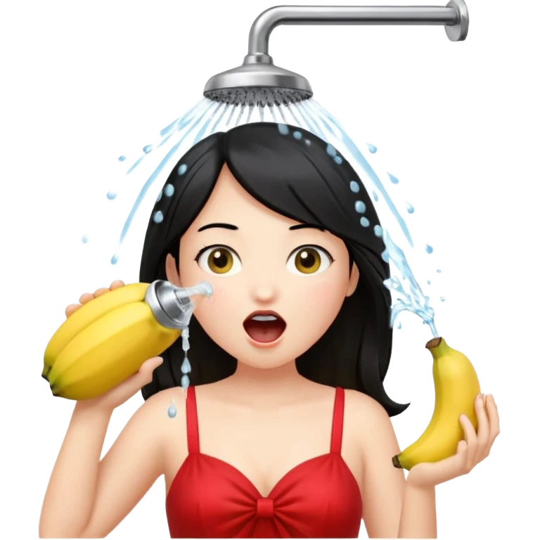 a girl with black hair and red dress with opened mouth drinking pale yellow water coming out from a shower looking like a banana above her head emoji