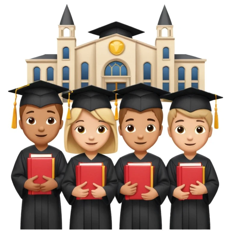 a group of cheerful kids with the text 'KIDZ BOP Kids', university building in the background, emoji style, representing university kids emoji