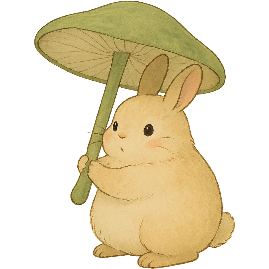 chubby bunny holding a mushroom umbrella, pastel beige and moss green, soft Ghibli style emoji