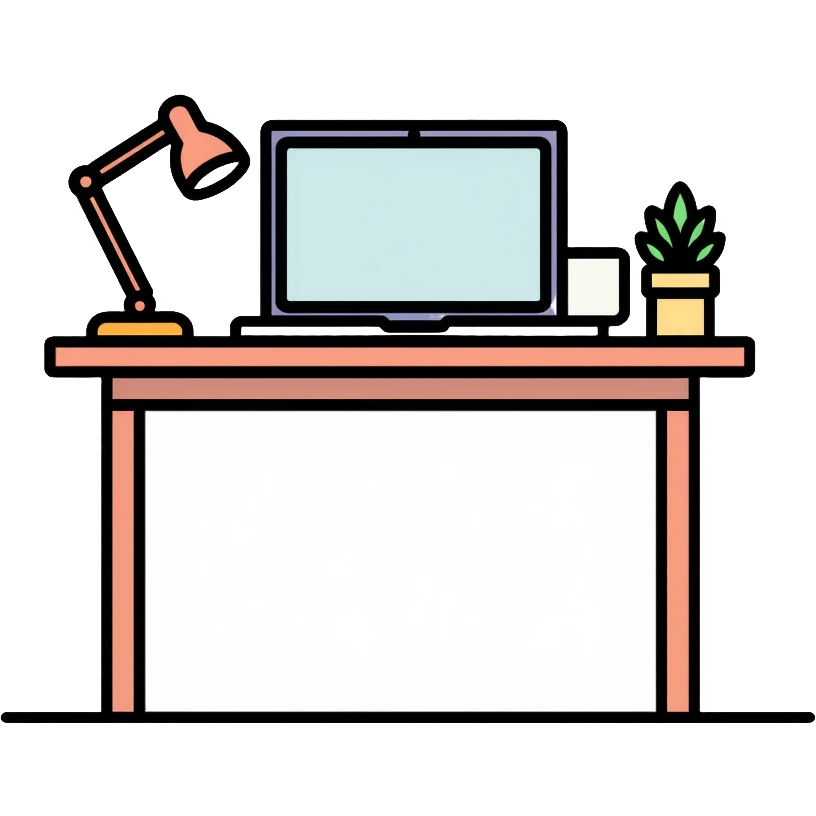 A neat desk workspace with an open laptop, coffee mug, and a small potted plant, minimalist and organized emoji