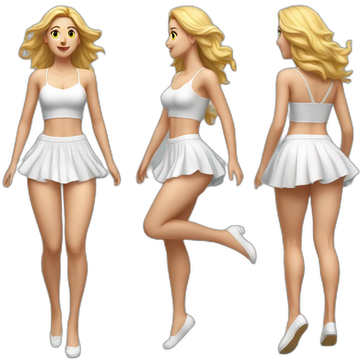 hyperrealistic-full-body-caucasian-curvy-beauty-jumping-small white-skirt-back-and-front-views-strong-wind-knickers emoji