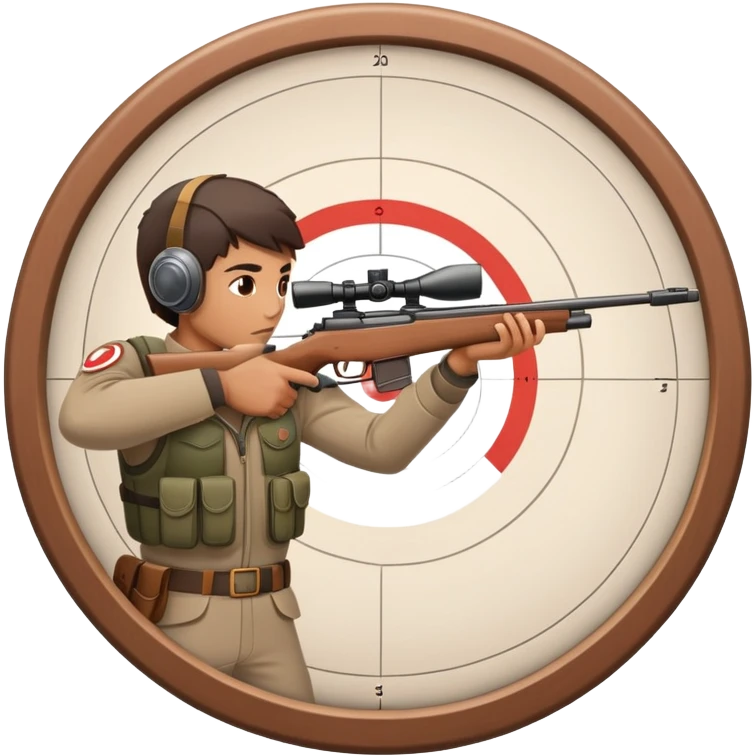 A focused marksman aiming at a target with a rifle, displaying perfect form and concentration. The background includes a target board with concentric rings, emphasizing accuracy and precision in a competitive shooting environment emoji