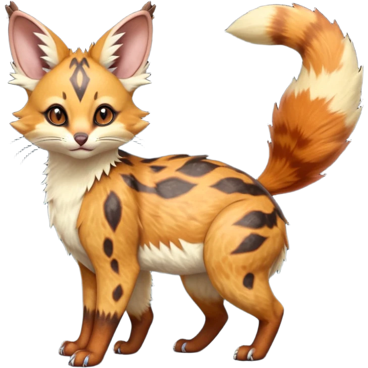 Hyper realistic  ember-rust copper fur molten with glowing magma seams and smoky tips beautiful elegant pretty precious cute  Fakémon-Pokémon-opossum-feline-serval-caracal-chinchilla-Furret-Minccino-hybrid-creature with a big fluffy bushy tail (full body) emoji