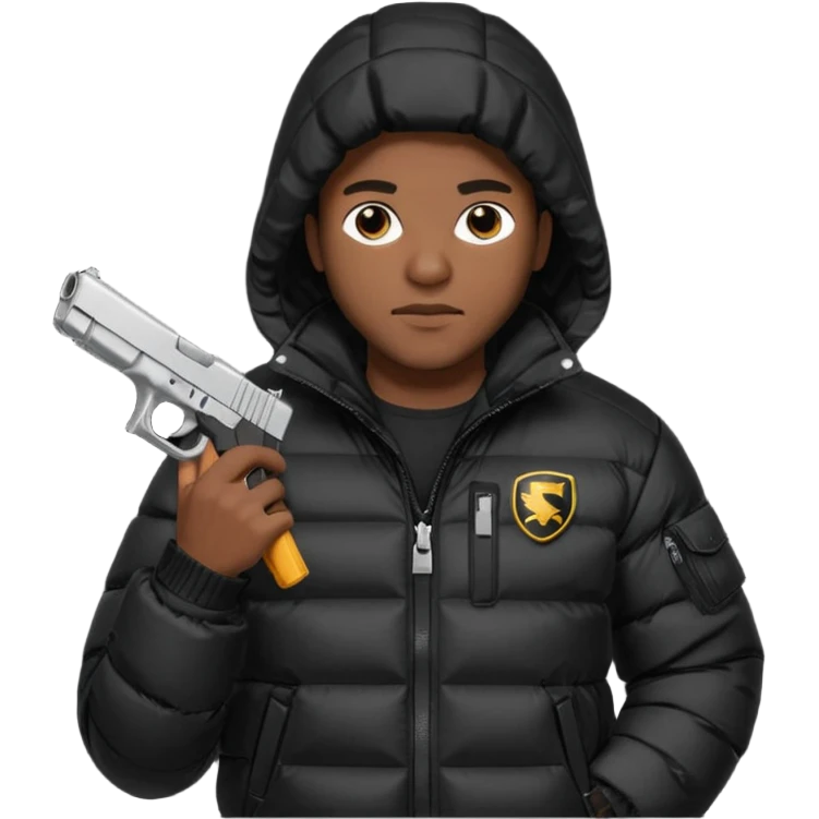 african american wearing a black puffer jacket with the hood on and holding a glock 26 emoji
