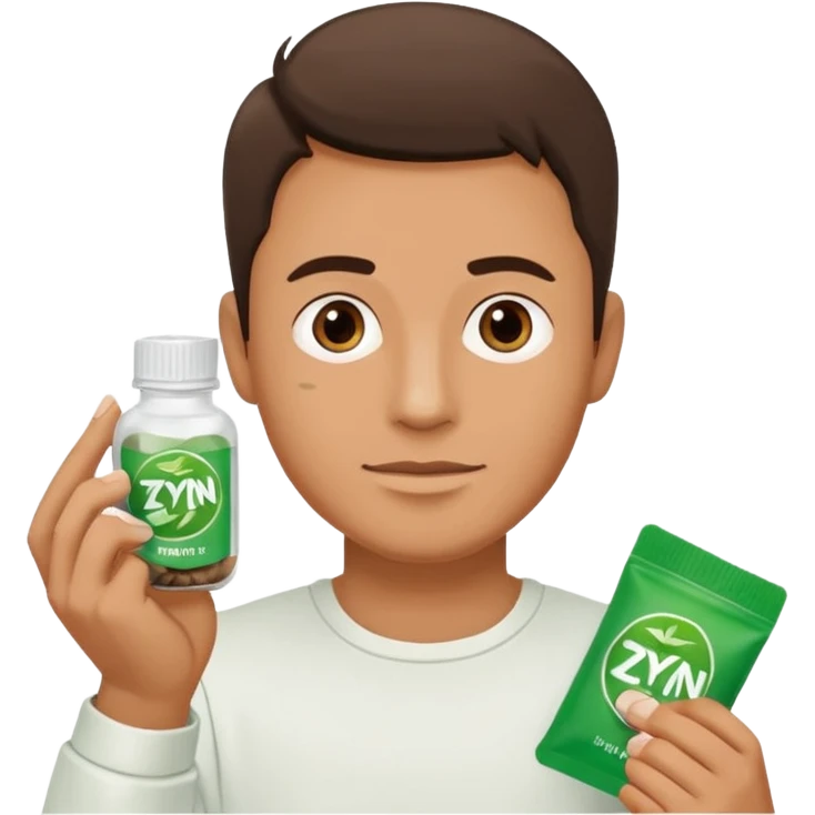 Man holding Zyn spearmint snus in palm and a white pouch in the other emoji