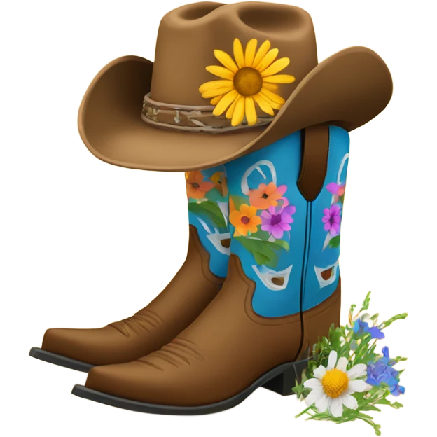 Cowboy Boots with wildflowers sitting inside them and a cowboy hat around them emoji