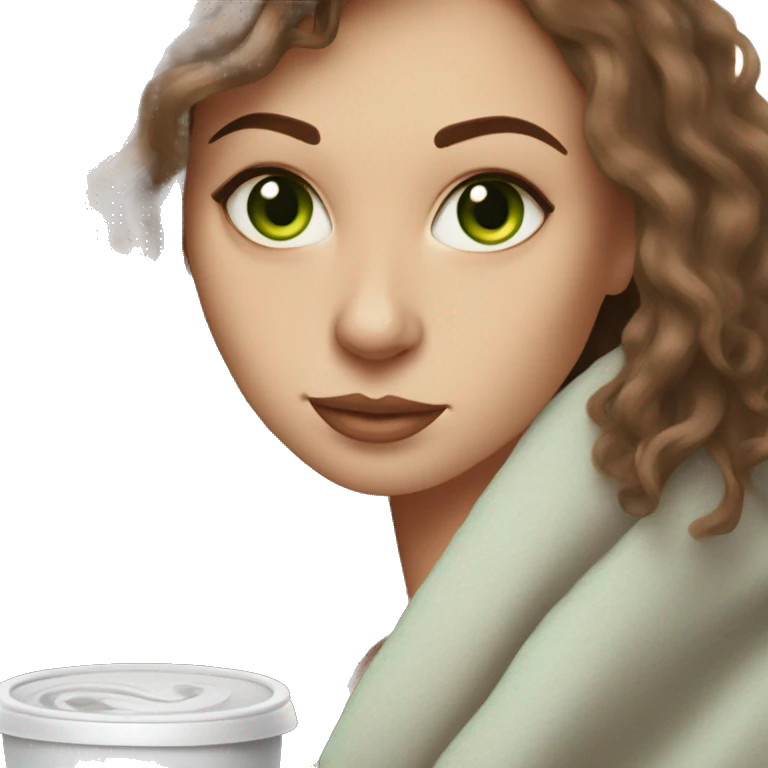 White Woman with light green eyes and brown hair and septum piercing cozy with a blanket drinking iced coffee emoji