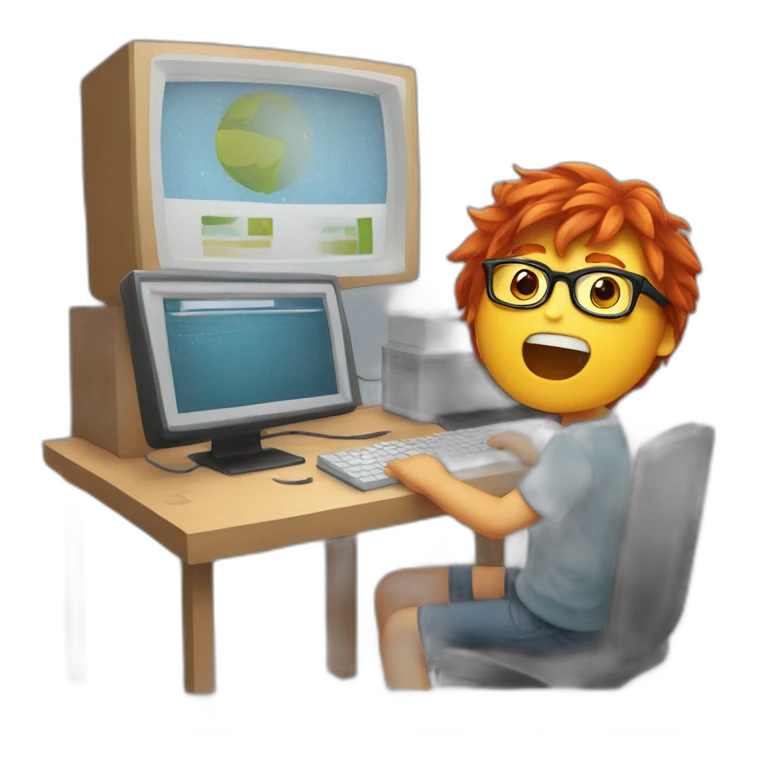 red-haired boy with glasses works at the computer and sings emoji