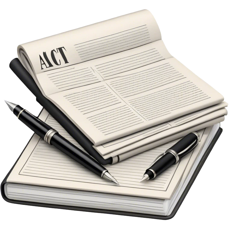 Create an emoji representing journalism and publicistic writing. The design should feature a stack of newspapers, an open notebook, and a classic fountain pen placed on top of the notebook, symbolizing the act of writing. The scene should convey a sense of professionalism and thoughtful analysis. Use a neutral and professional color palette, with black, white, and muted tones. Do not include any emojis or smiley faces. Make the background transparent. emoji