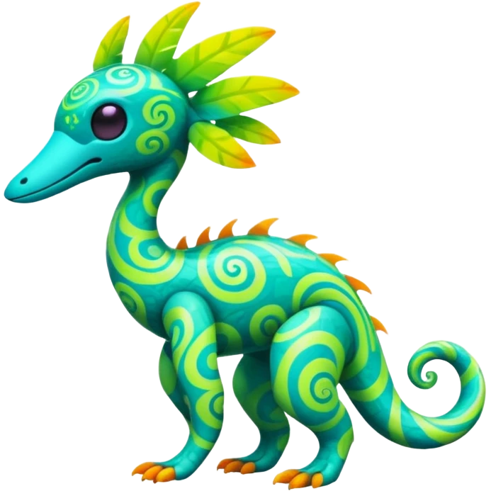 futuristic lush tropical exotic patterned swirly random-colored neon-colored Fakémon-Trico-creature (full body) emoji