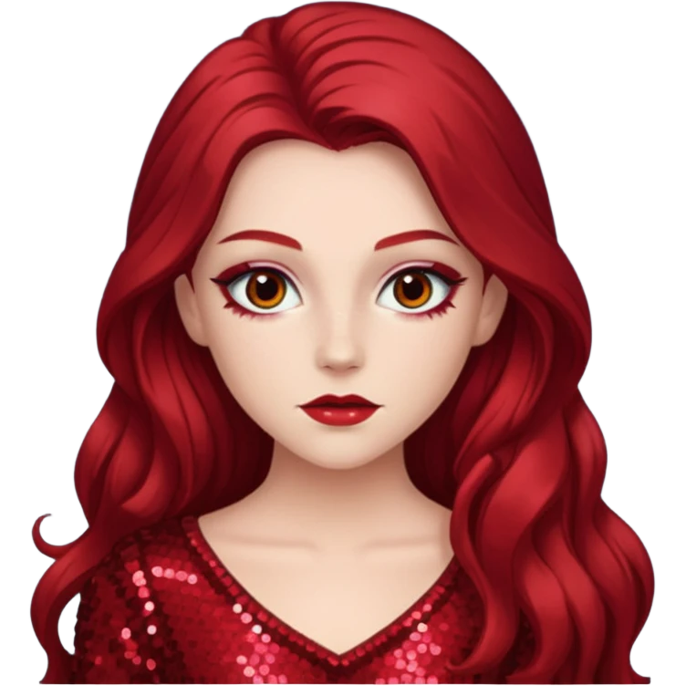 Chappell Roan (b.1998) with long dark red hair, red sequin outfit, makeup emoji