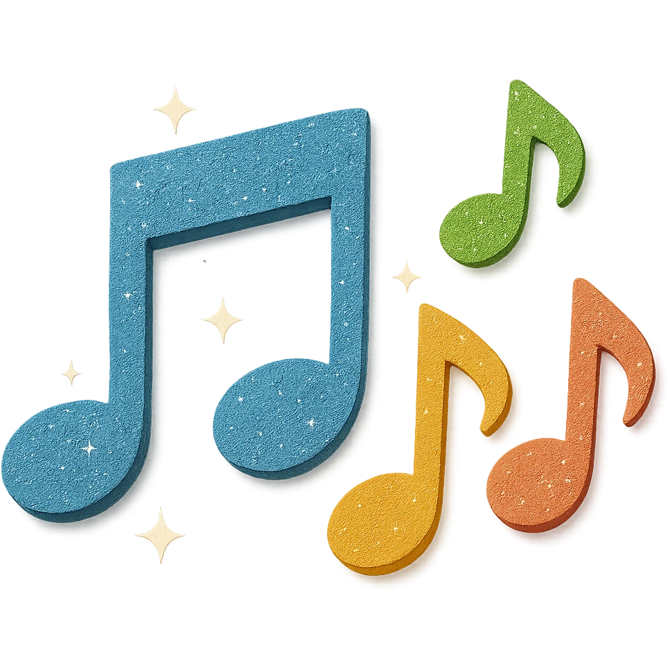 Add sparkling effects to the colorful music notes, keep the paper craft style, layered paper effect, bright colors. emoji