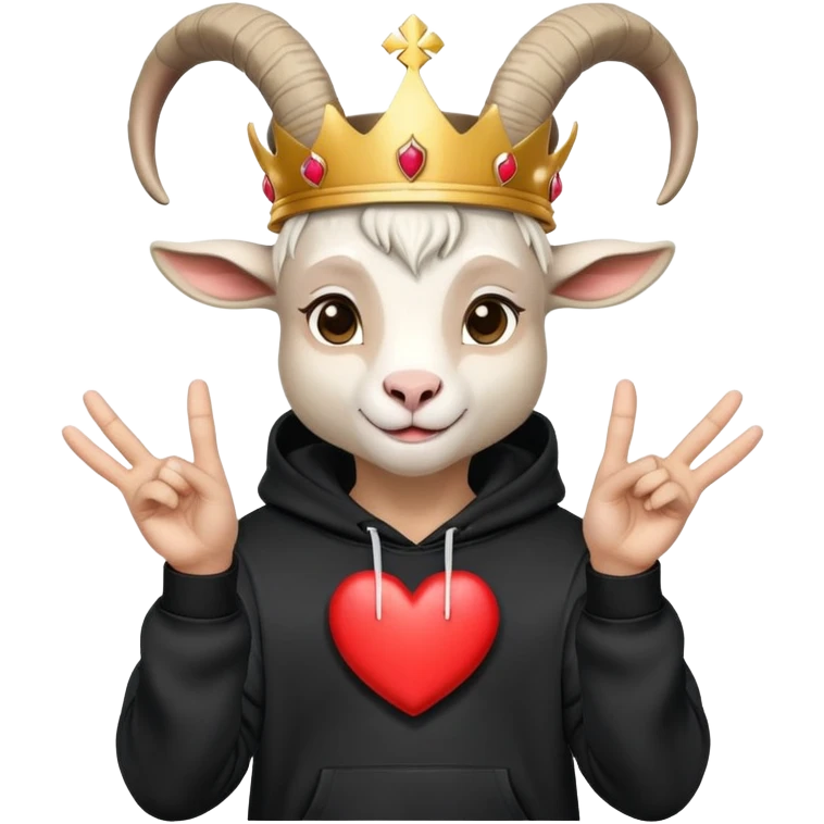 Goat with horns wearing black hoodie and a royal crown do the heart hands sign emoji