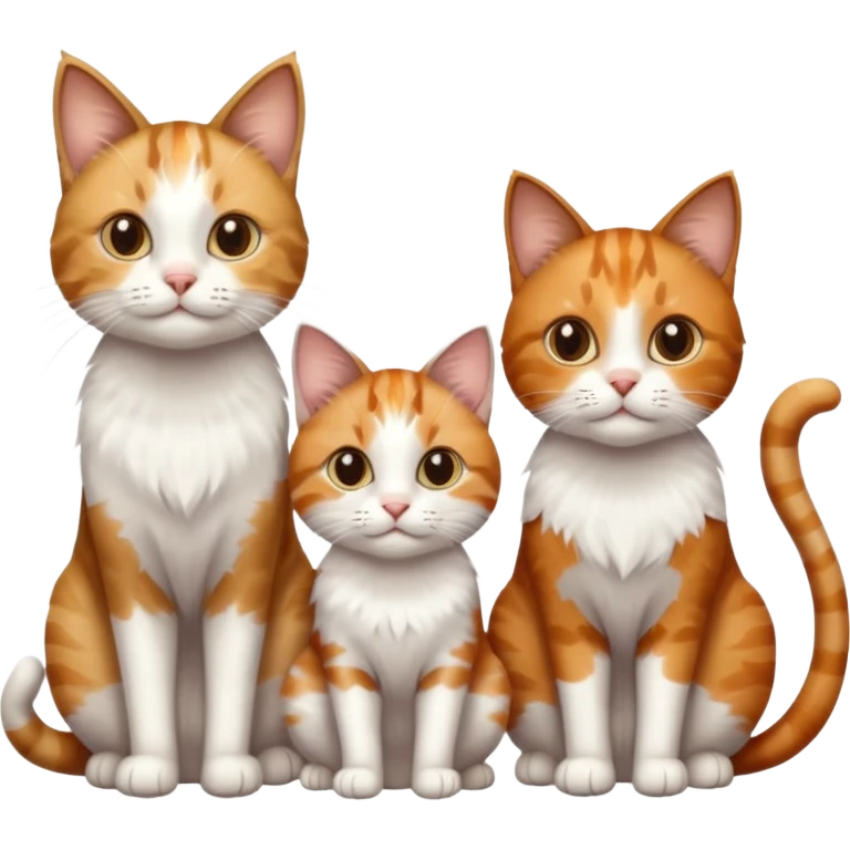 3 cats different colours including brown tabby and white, light patchy calico, and ginger and white emoji