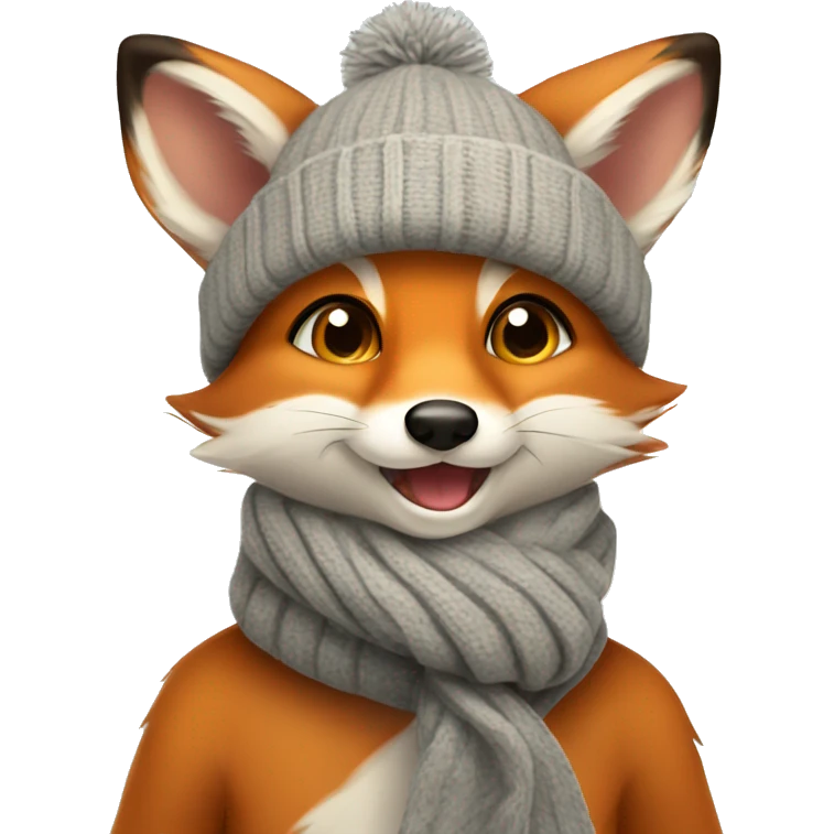 A cute little charming fox cub in a winter hat and scarf shows his tongue emoji