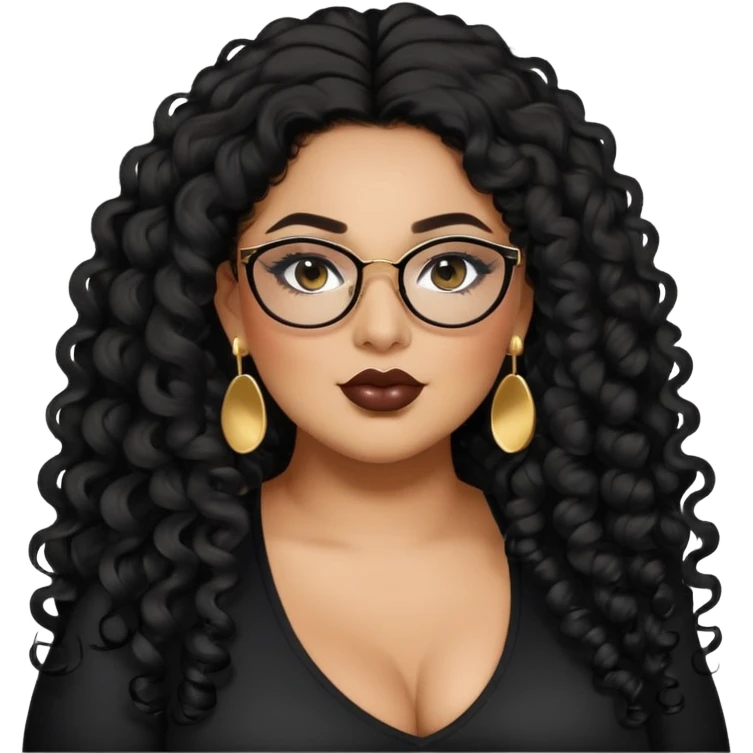 big plus size, latina, darker tan skin, long black curly hair, baddie,pretty, makeup, lipgloss, black eyeliner, long hair, SMALL gold earrings, black top, black glasses emoji