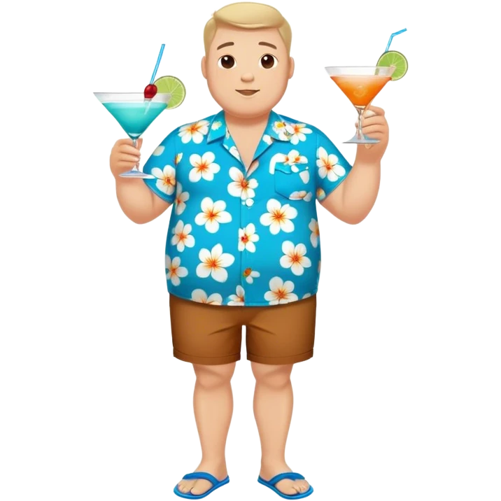 chubby guy full figure in a flowered azure havai shirt, brown shorts and flippers holding a cocktail emoji