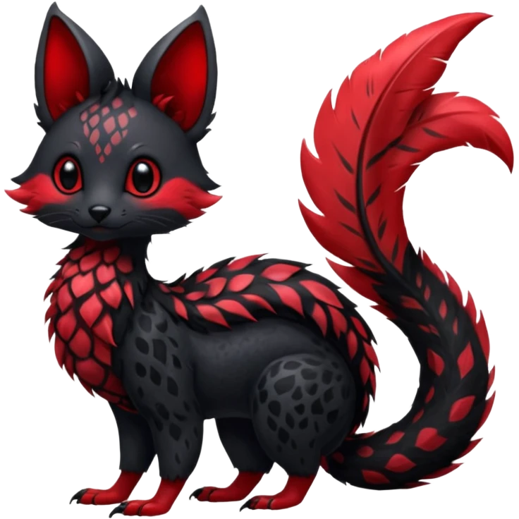 Feral Rare Fantasy shiny soft fuzzy furry vibrant tropical obsidian-black and crimson-red Vernid-Trico-species-creature by LiLaiRa, random markings, tufted tail, tufted ears, full body with markings emoji