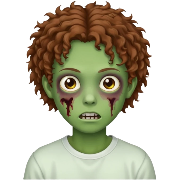  green teen zombie with brown curly hair and brown eyes wearing a white sweat emoji