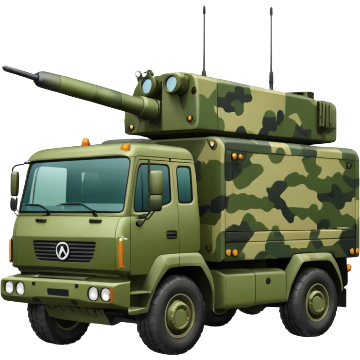 A truck in camouflage green with a realistic electronic warfare system emoji
