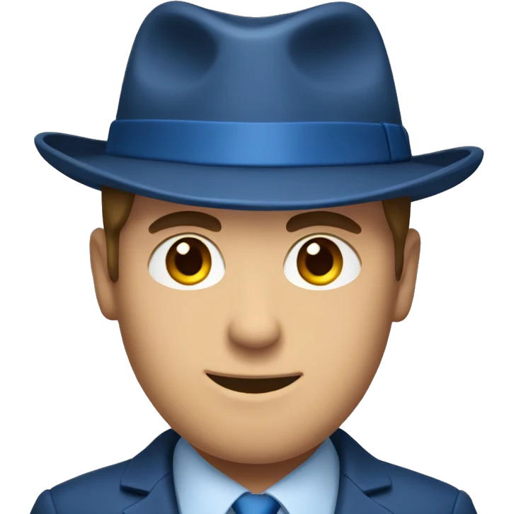 A caucasian man in a blue suit and a brown fedora emoji