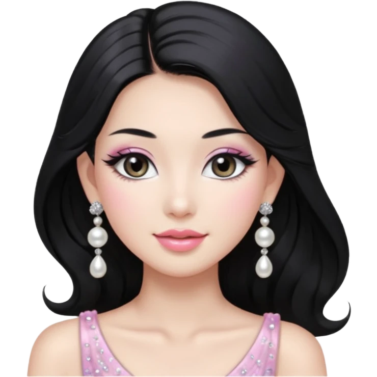 asian long voluminous black hair silver grey eyes glossy lips glittery white and light pink eyeshadow girl pearl earrings emoji