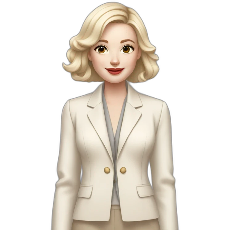 pale skin woman with ash blonde Straightened bob Hair, White Spacious classical jacket, beige palazzo Arrow pants and gray blouse holding a color palette in the hands emoji