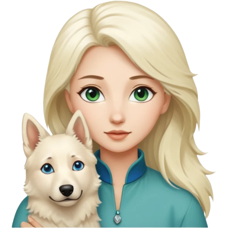 A white blonde Hair Woman with blue Green eyes with a White Shepard with a little bit beige in the fur in a lovely pose  emoji