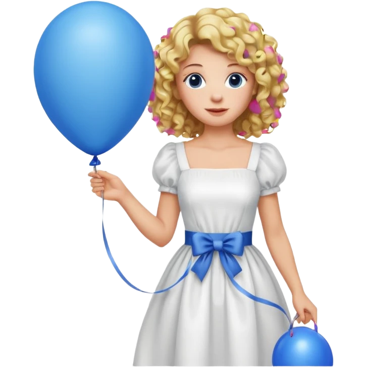Woman curly blonde with blue balloon, white dress emoji