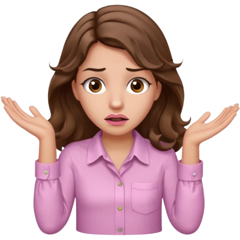 girl with wavy long brown hair, brown eyes, light to medium complexion, long lashes, light pink lipstick, wearing light pink shirt, shrugging with both hands, confused emoji