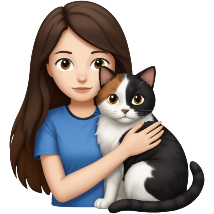 Brunette woman with long hair wearing a tshirt snuggling black brown and white calico cat emoji
