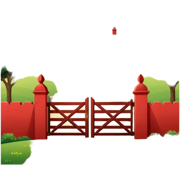 A fenced red house on a small hill with a large entrance gate bearing the inscription “Gosteli Archive,” with a farmhouse in the background. emoji