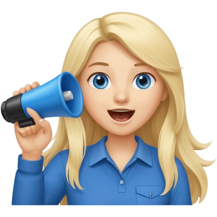  blue eyes blonde girl yelling into megaphone with right hand smiling long hair holding up left first finger emoji