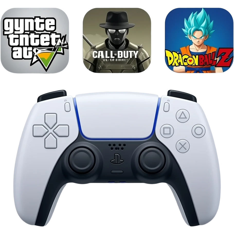 icone avec a l interieur des icone de jeu gta call off duty et dragon ball z et ubien ecritne mannette ps5 devant emoji
