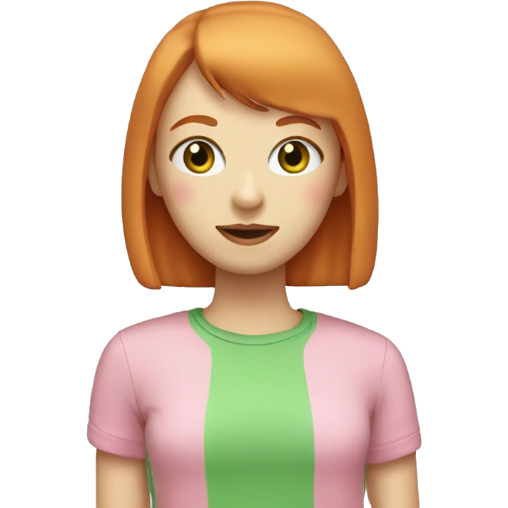 ginger girl, pale face, green eyes, pink lips, shoulder lenght straight with bangs, wearing pink t-shirt emoji
