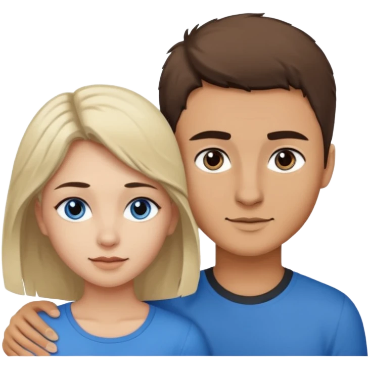 Una pareja heterosexual. La chica de piel blanca pero bronceada (española), pelo al estilo wolfcut castaño oscuro, ojos marrones. El chico de piel blanca, ojos azules y pelo castaño claro, tirando para rubio oscuro. emoji