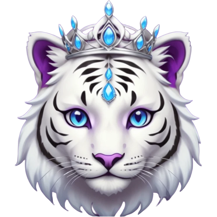 ESO Female white/black tiger khajiit leader of the umbral rose, glowing blue eyes, glowing blue 'third eye' gem; beautiful desined purple gemmed silver tiara emoji