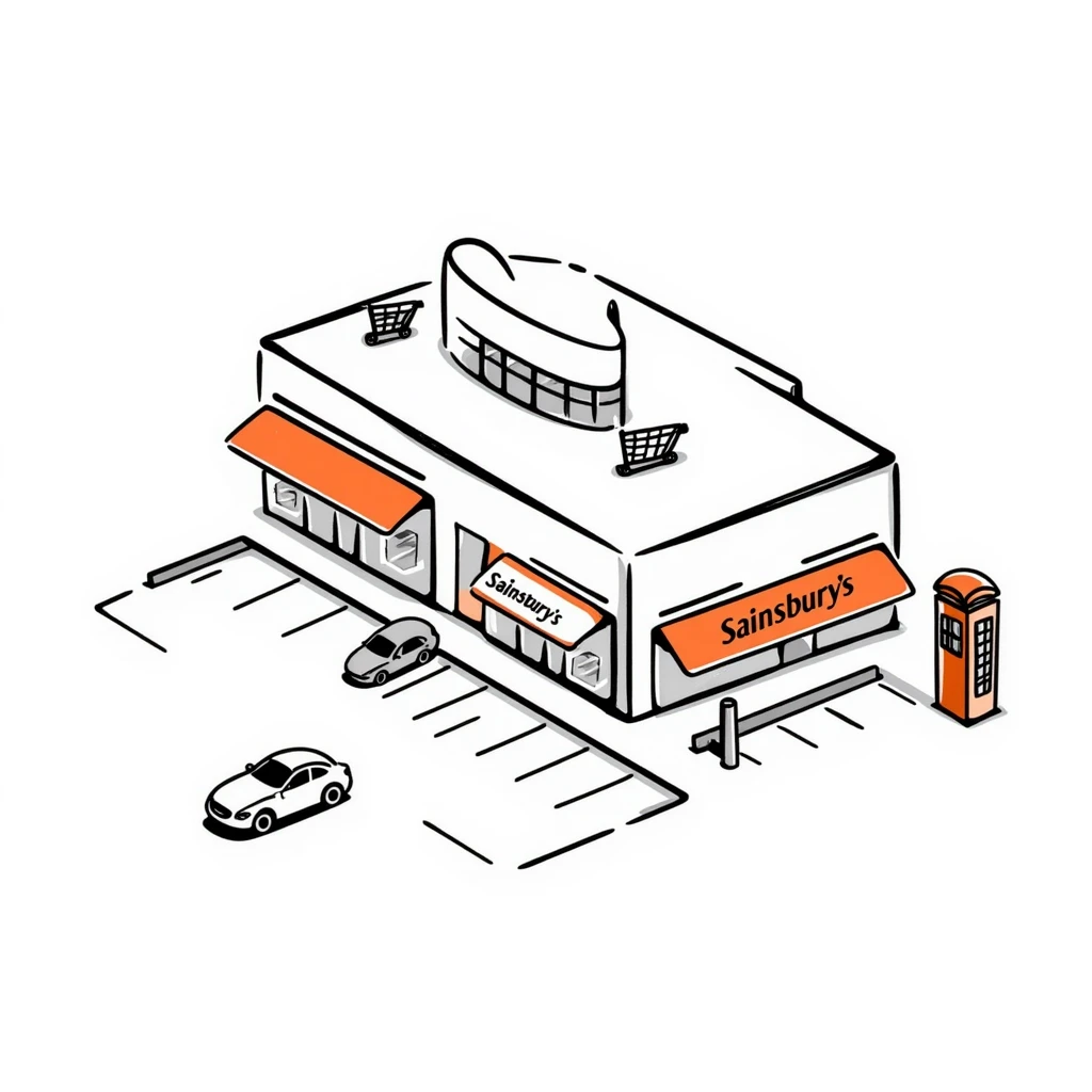 Isometric British Sainsbury's supermarket building with orange signage, car park, shopping trolley bay, and red telephone box nearby emoji