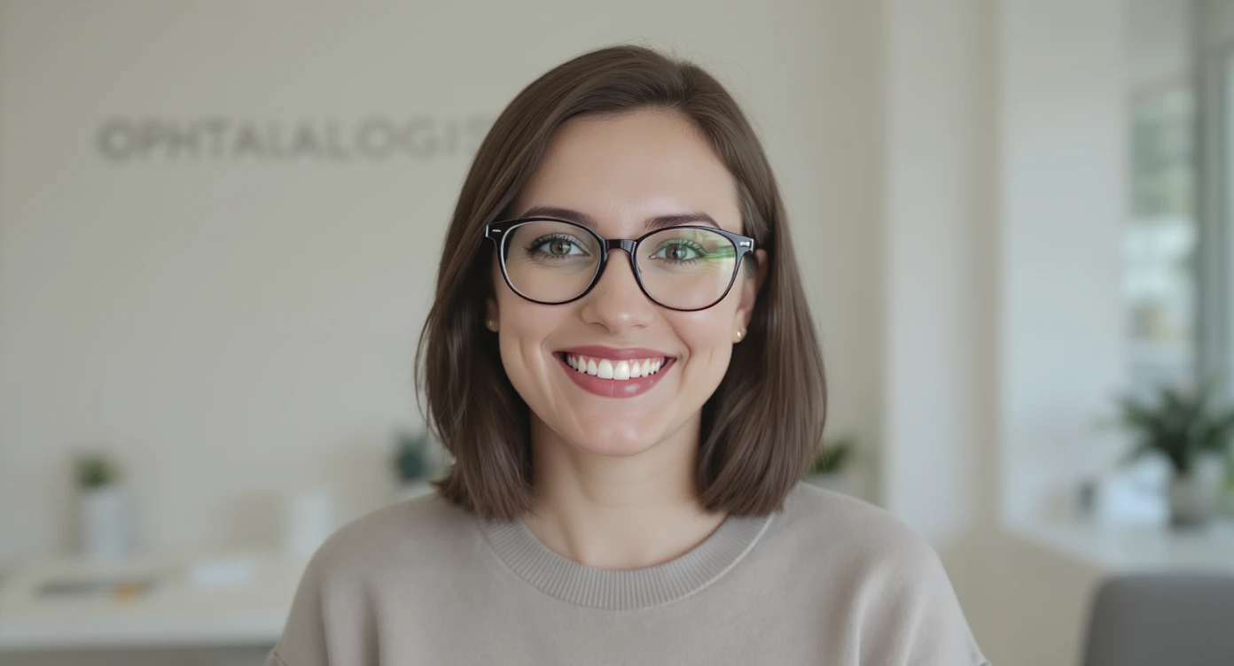 Cinematic still of a smiling european white woman with glasses smiling, minimalistic ophthalmologist interior in background, leading  lines, "rule of thirds" emoji
