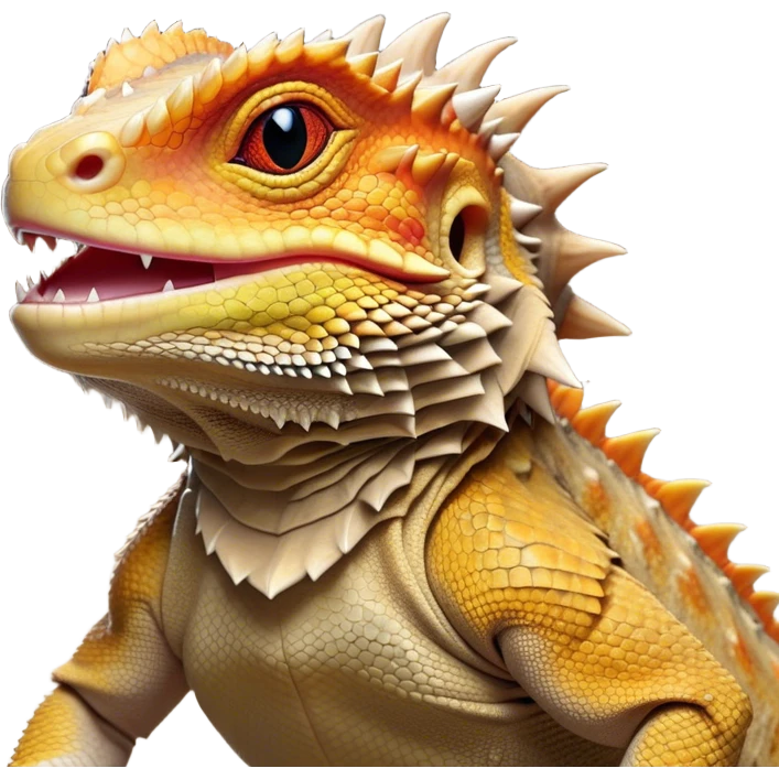 Cinematic Noble Bearded Dragon Portrait Emoji, Poised and regal, with a robust, angular build and a textured, scaled hide in earthy olive and sandy tones, a prominent spiky 'beard' beneath its chin and a keen, alert gaze, Simplified yet sharp and sophisticated features, highly detailed, glowing with a soft, dignified glow, high shine, intelligent and fierce, stylized with an air of desert majesty, focused and attentive, soft glowing outline, capturing the essence of a watchful and commanding reptile, so majestic it feels as though it could scuttle out of the screen with effortless authority! emoji
