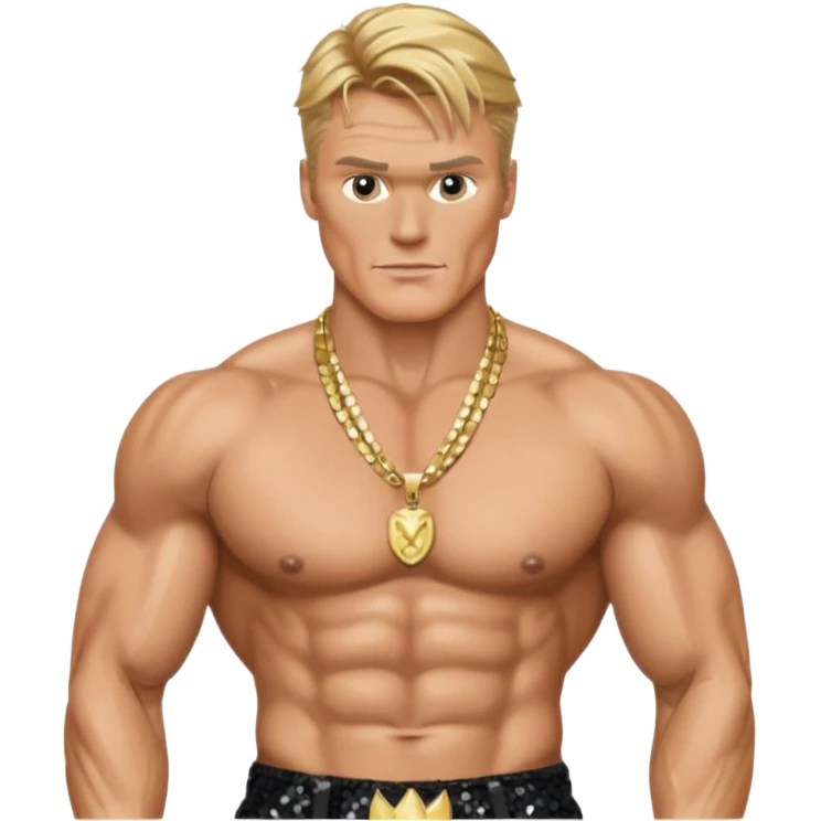 Dolph Lundgren with black sequin baggy pants, shirtless with necklace emoji