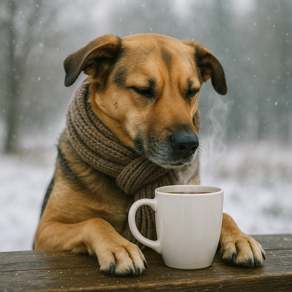 A dog drinking a cup of coffee, outside is cold emoji