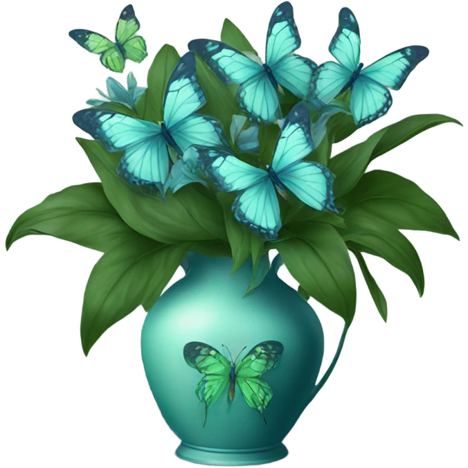 Aesthetic butterfly with blue and green  wings sitting on a dark blue bouquet of Lilies in a pastel green vase emoji