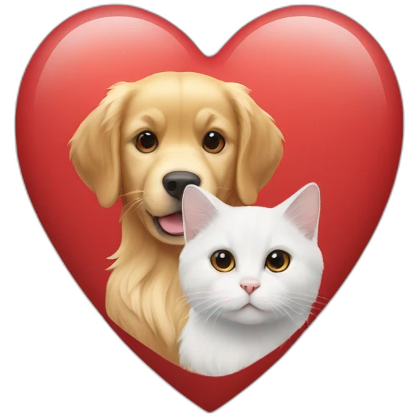 A Golden retriever, a white cat and a dark grey cat in a red heart emoji