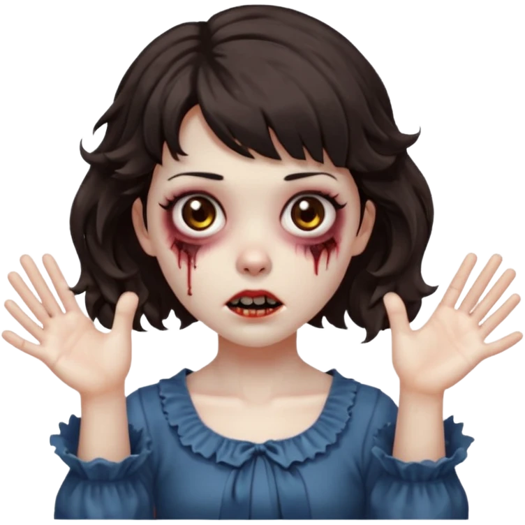 Cabelo ondulado  um pouco cheio e franja curta  Olhos marrons e pequenos e feita d ezumbi mais bonita com cabelo amarro na e com as mãos assim tipo assim🧟‍♀️ emoji